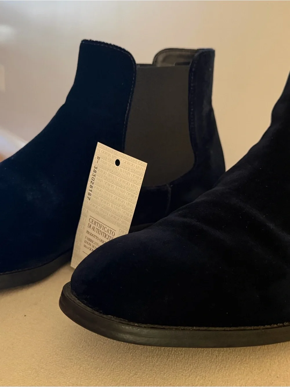 Giorgio Armani Men's Velvet Chelsea Boots in Navy